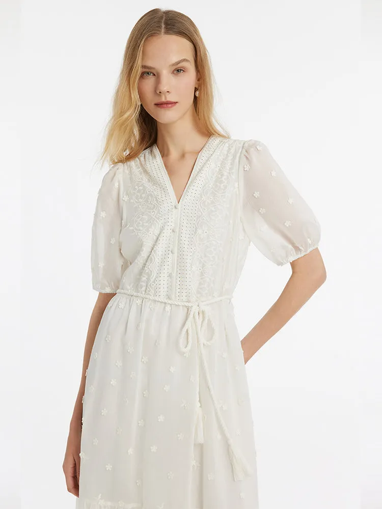 Tencel V-Neck Embroidered Women Maxi Dress With Belt