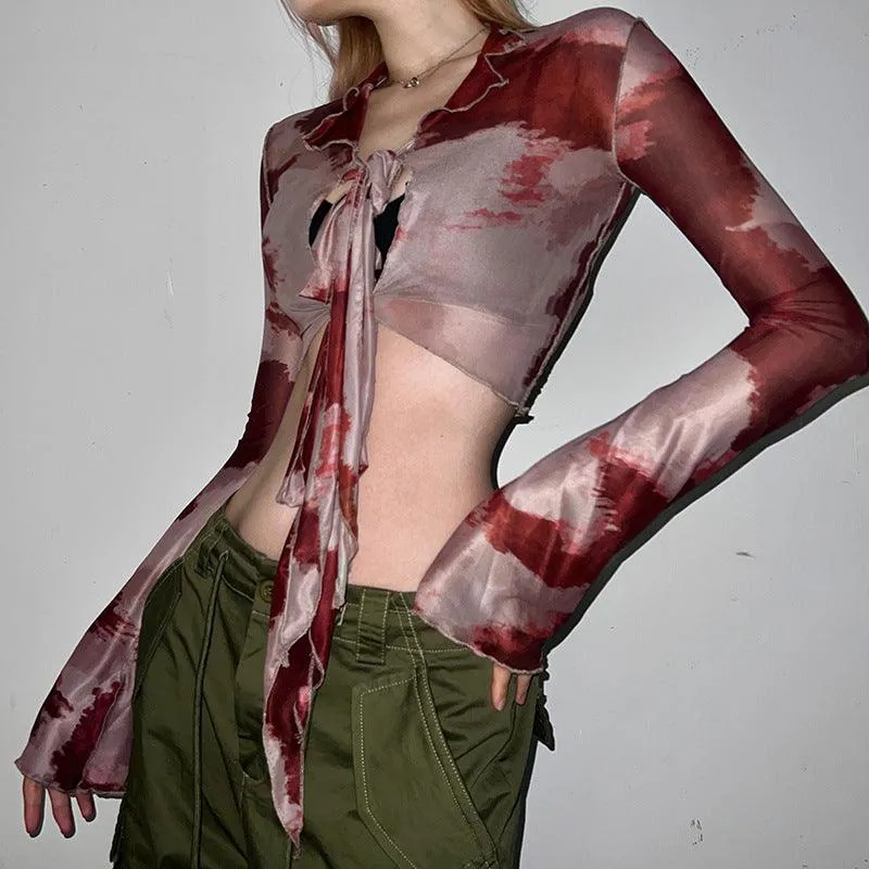 Tie Dye Front Tie Flared Sleeve Top