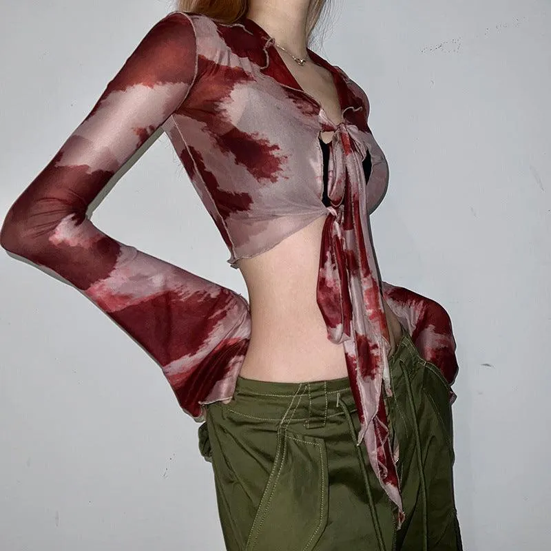 Tie Dye Front Tie Flared Sleeve Top