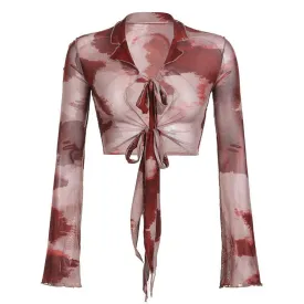 Tie Dye Front Tie Flared Sleeve Top