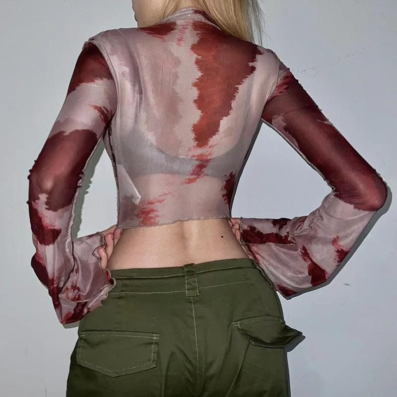 Tie Dye Front Tie Flared Sleeve Top