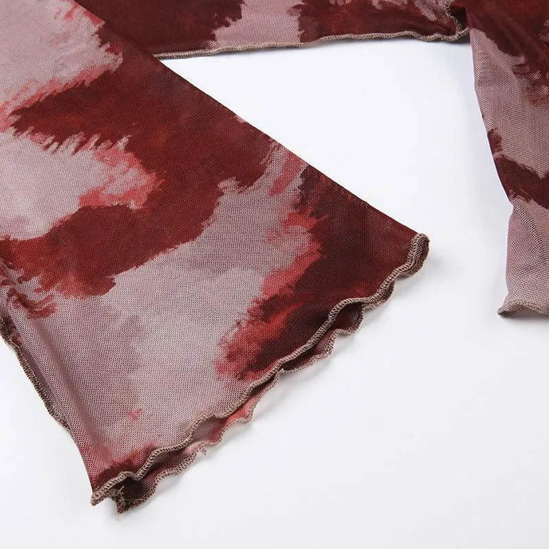 Tie Dye Front Tie Flared Sleeve Top