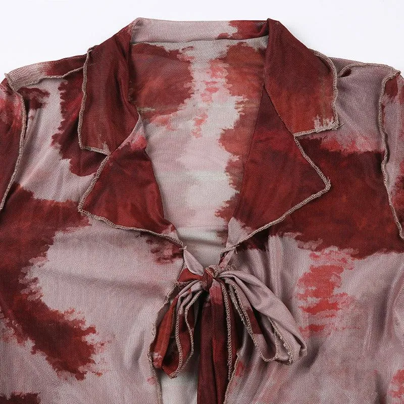 Tie Dye Front Tie Flared Sleeve Top
