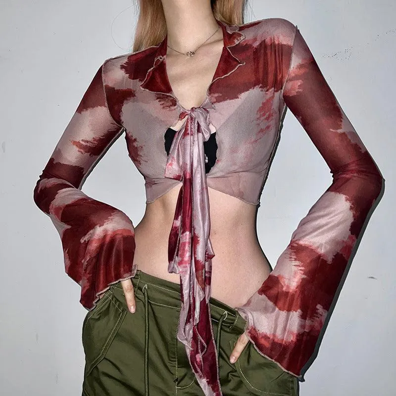 Tie Dye Front Tie Flared Sleeve Top