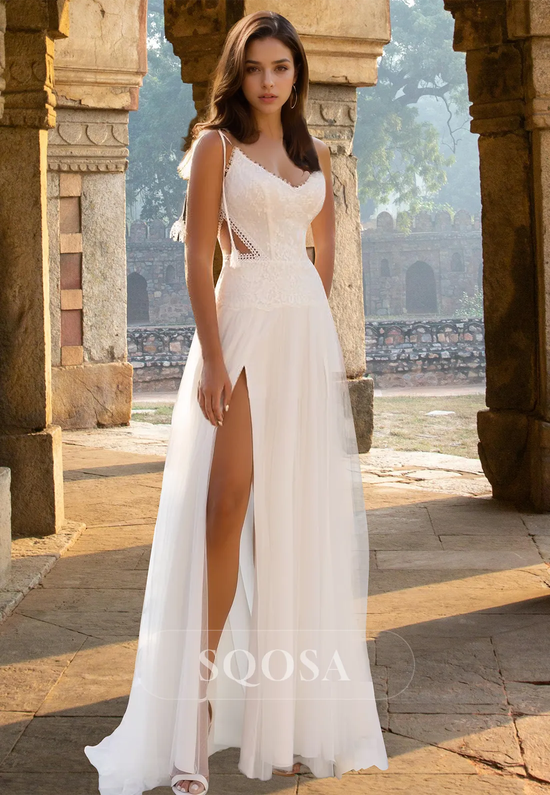 V-Neck Spaghetti Straps Sleeveless Lace Applique Chiffon Floor-Length A-Line Wedding Dress with High Slit