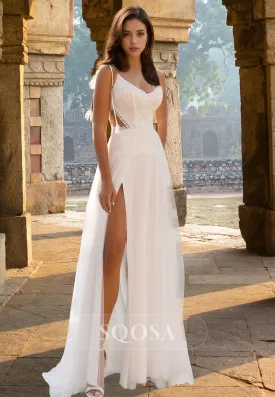 V-Neck Spaghetti Straps Sleeveless Lace Applique Chiffon Floor-Length A-Line Wedding Dress with High Slit